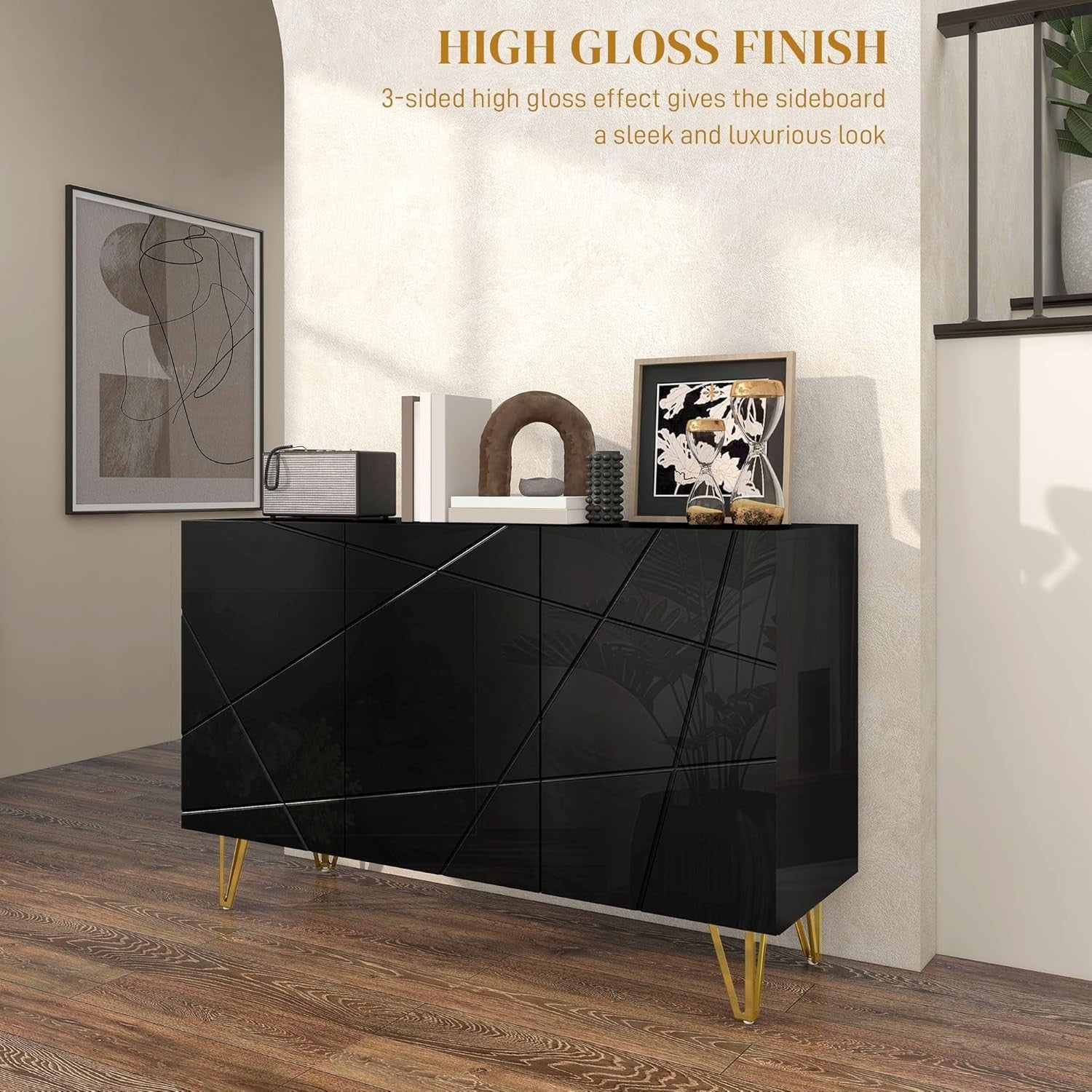High Gloss Storage Cabinet with Adjustable Shelves Soft-Close Doors Black