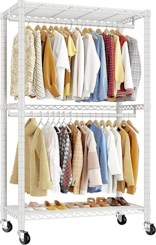 Heavy Duty Clothes Rail with Wheels & Shelves – White 200cm