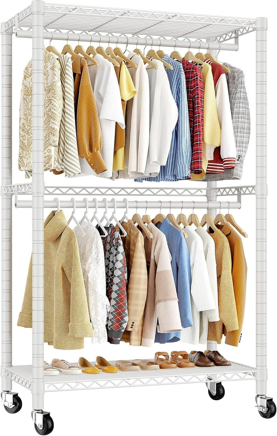Heavy Duty Clothes Rail with Wheels & Shelves – White 200cm