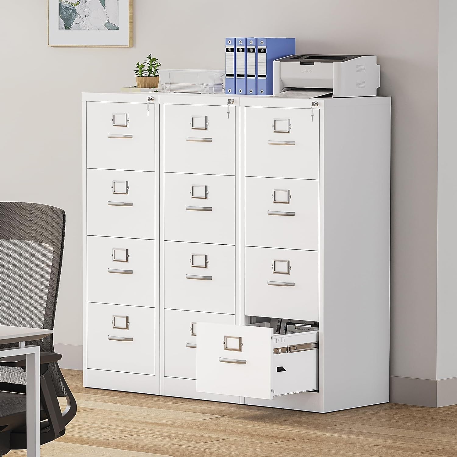 White 4 Drawer Lockable Filing Cabinet Anti Tip Vertical A4 Office Storage