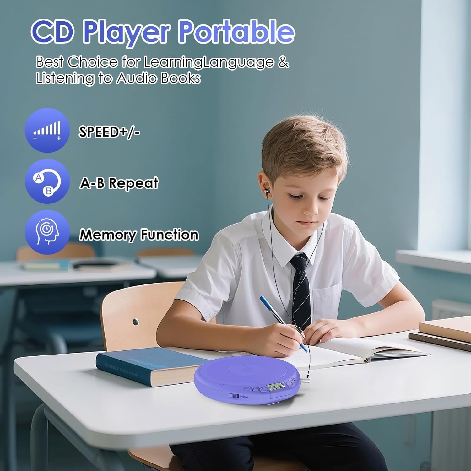 Personal CD Player Portable Anti-Skip LCD Display AUX Car Earphones Blue