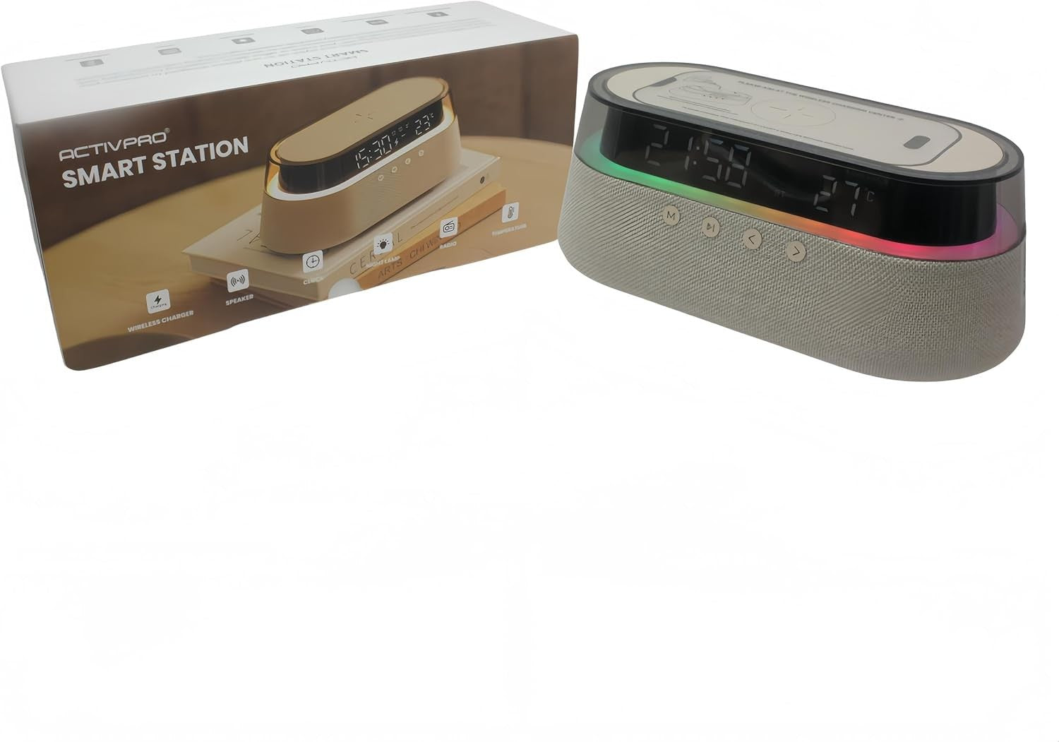 Light Beige 6-in-1 Wireless Charging Station Bluetooth Speaker Alarm Clock