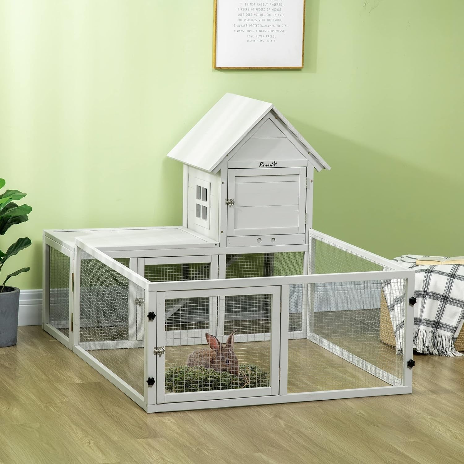 Large Outdoor Rabbit Hutch with Run Wooden Cage Easy Clean Weatherproof