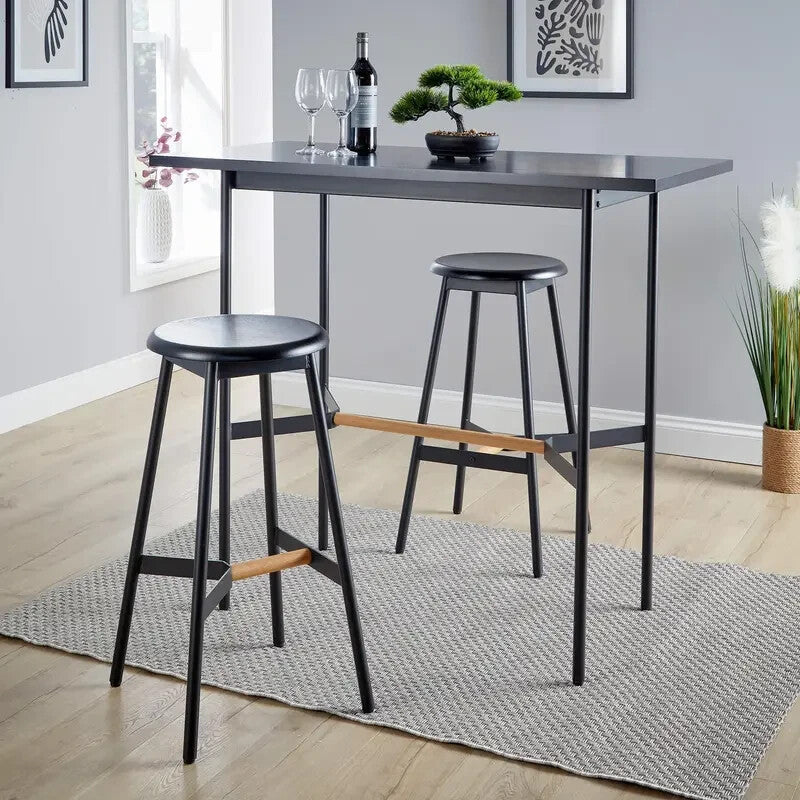 2 Piece Bar Table Set Black Metal Frame with Oak Stools Kitchen Breakfast