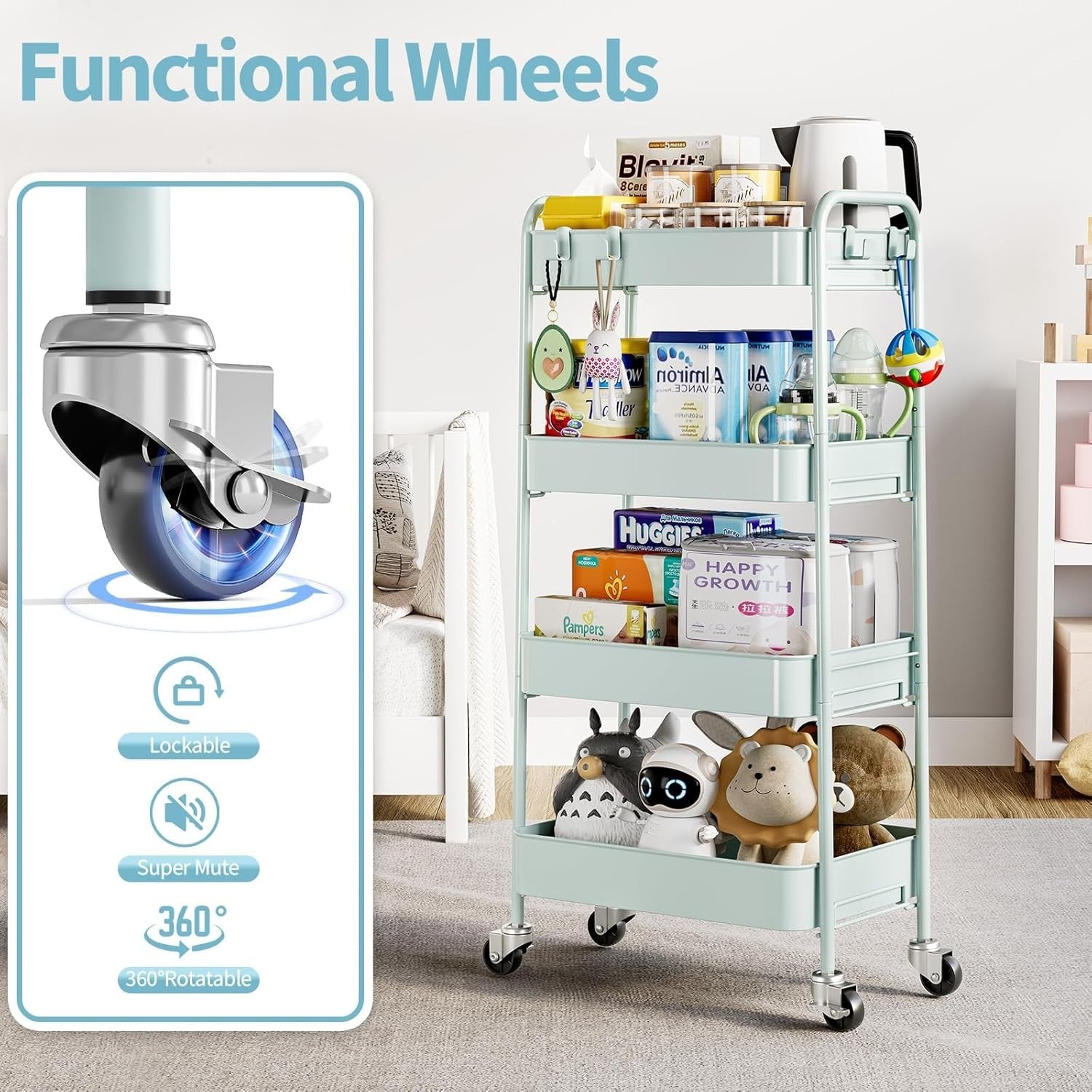 4 Tier Metal Storage Trolley on Wheels Utility Cart