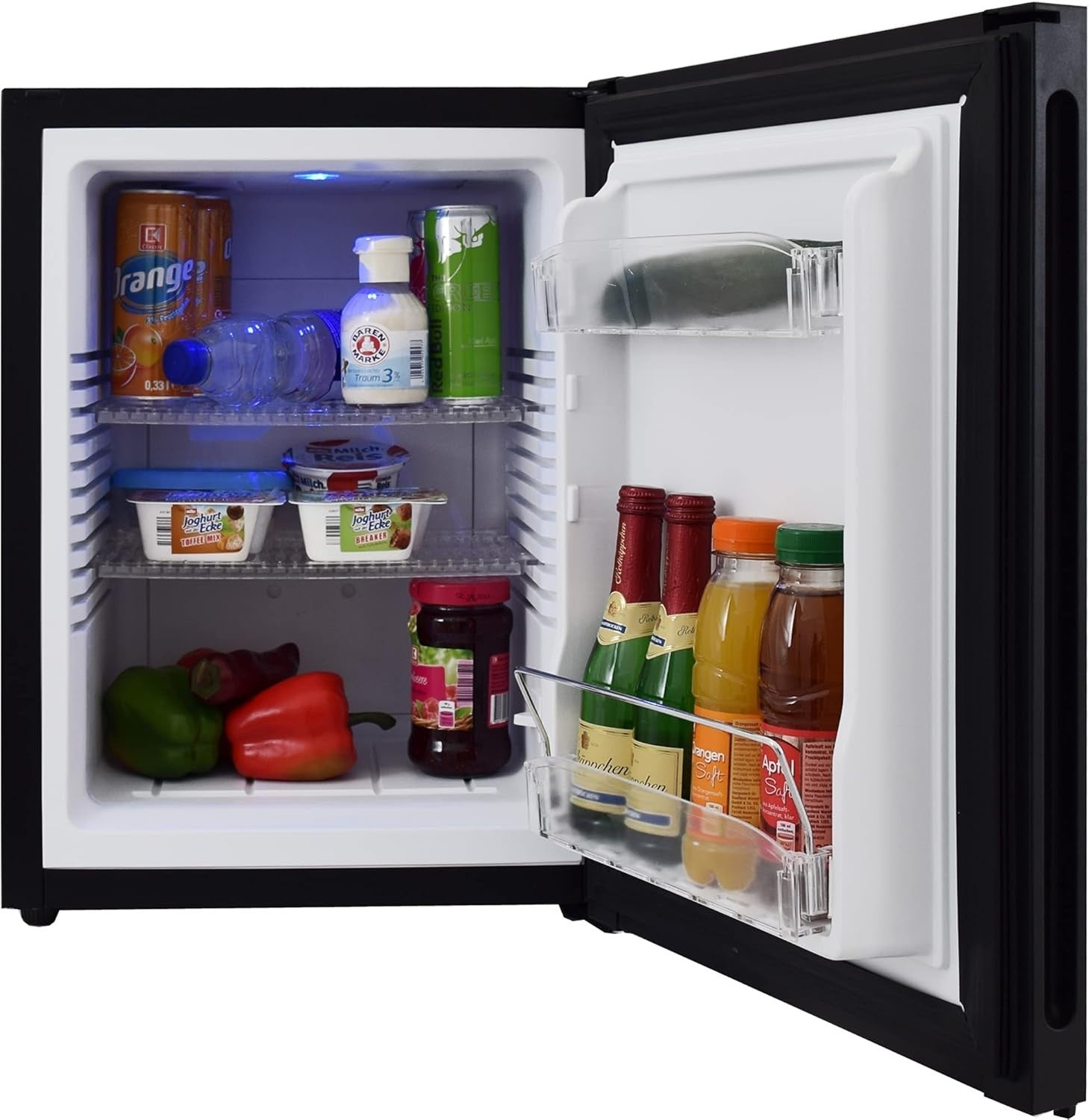Mini Fridge Blue 40L Compact Glass Door LED Noiseless Energy Saving Cooler