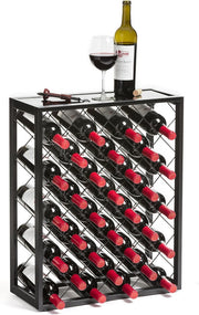 32 Bottle Metal Wine Rack with Glass Top Shelf Free Standing Black Kitchen Bar