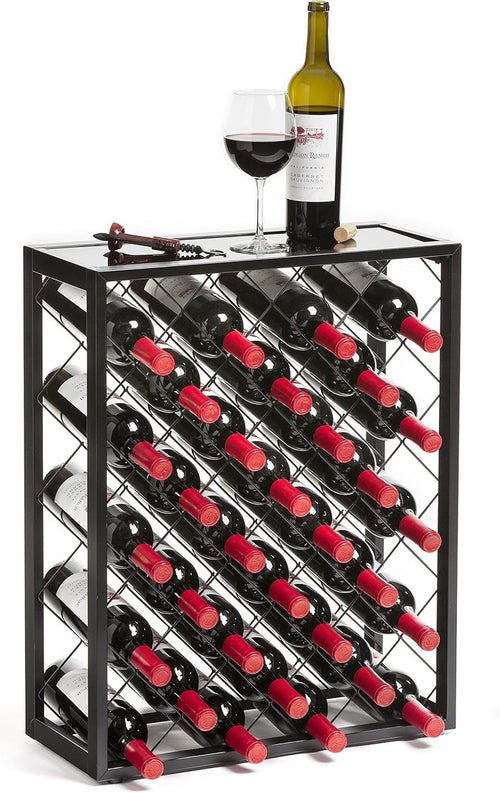 32 Bottle Metal Wine Rack with Glass Top Shelf Free Standing Black Kitchen Bar