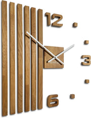 Modern 3D Wooden Wall Clock Large 60cm Silent Quartz Oak Slat Home Decor