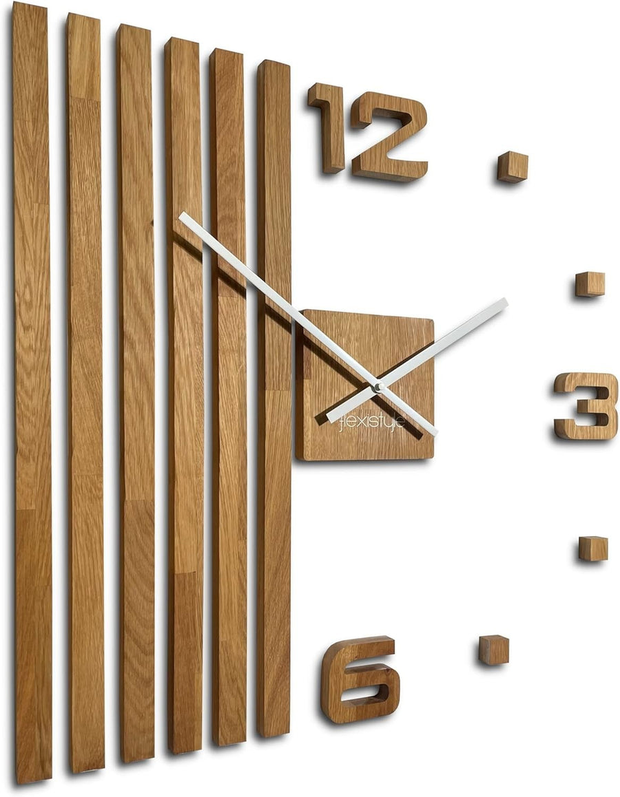 Modern 3D Wooden Wall Clock Large 60cm Silent Quartz Oak Slat Home Decor