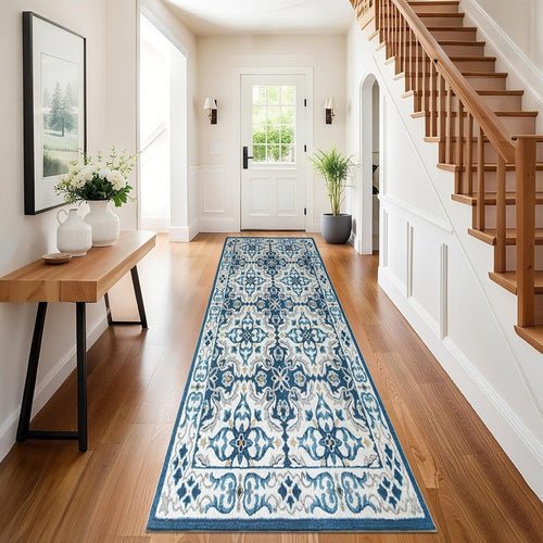 Blue Runner Rug 80x300cm Non Slip Hallway Low Pile Traditional Carpet