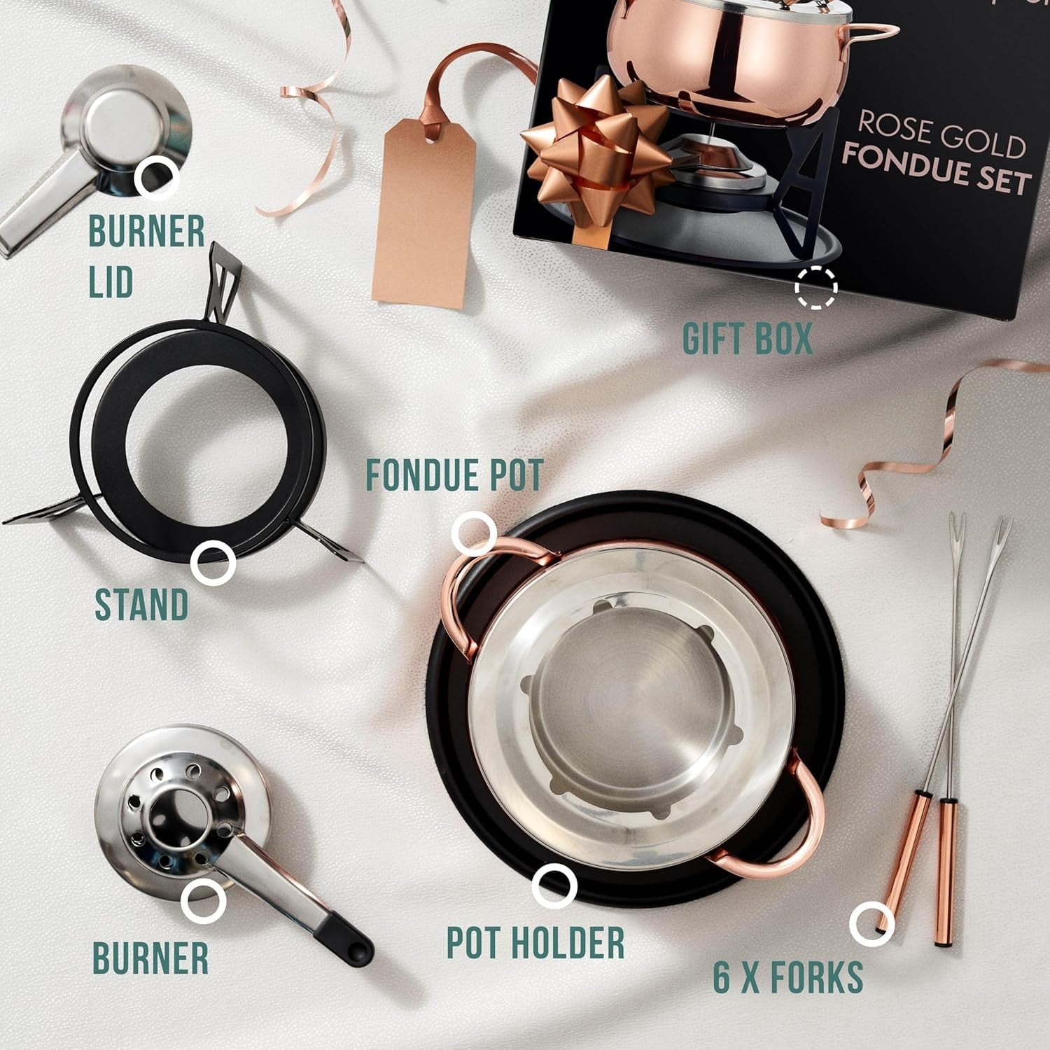 Rose Gold Stainless Steel Fondue Set Cheese Chocolate Pot 6 Person