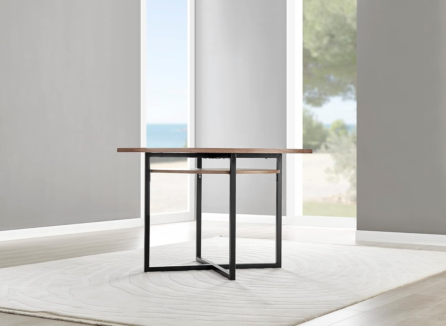 Round Dining Table Wood Veneer Black Metal Legs Modern Storage Shelf