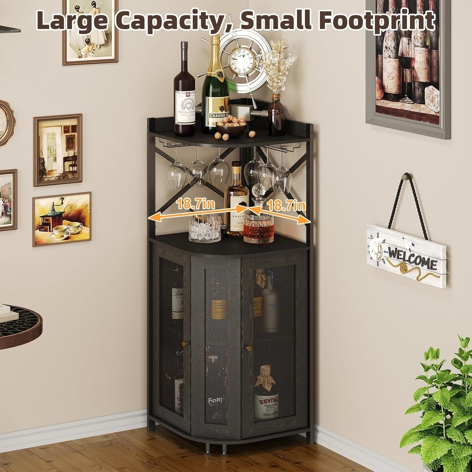 Corner Bar Cabinet with Wine Rack, Glass Holder & Storage Shelves – Black