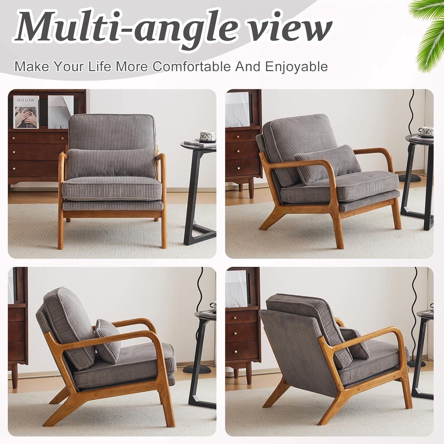 Mid Century Corduroy Armchair Lounge Reading Chair with Cushions Grey