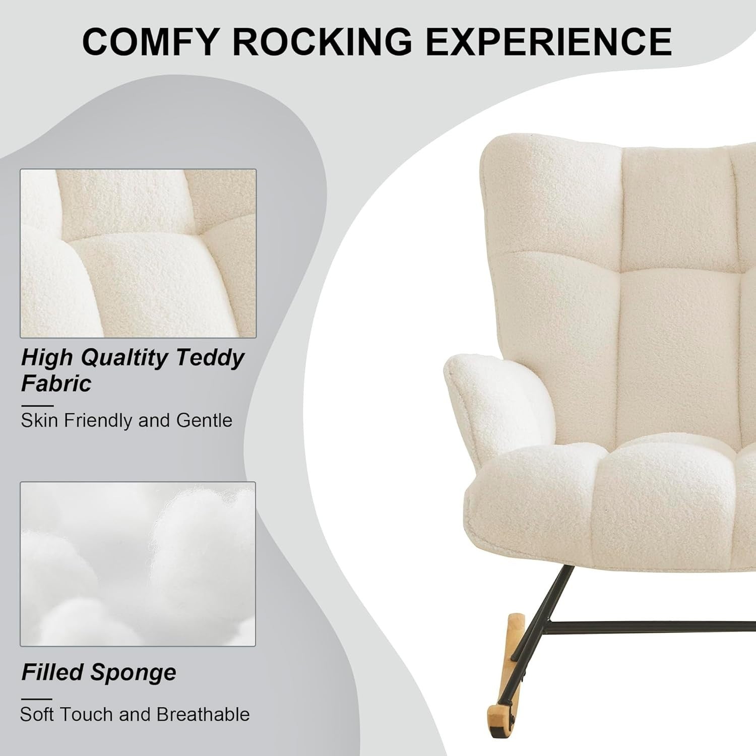 Rocking Chair Nursery Glider Comfy Armchair High Back Padded Seat Ivory Teddy