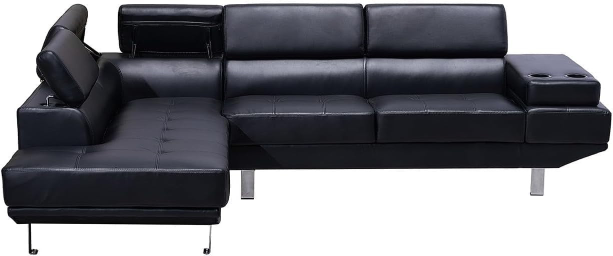 Adjustable Headrest Black Bonded Leather L-Shape Corner Sofa with Cup Holders