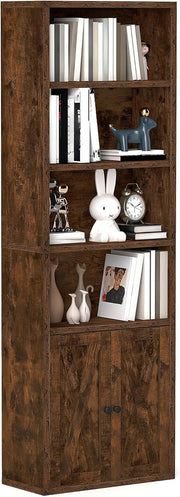 Tall Rustic Brown Bookcase | 5-Tier Storage Shelf with Doors for Living Room