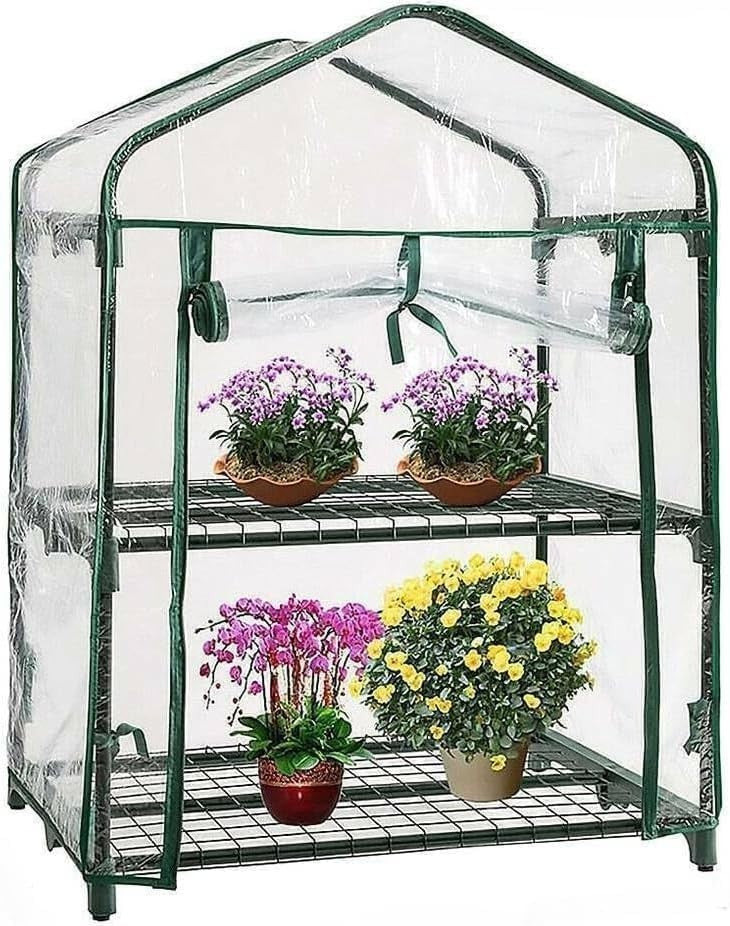 2 Tier Mini Greenhouse 92x49x92cm PVC Cover Roll-Up Door Portable Plant Shelter