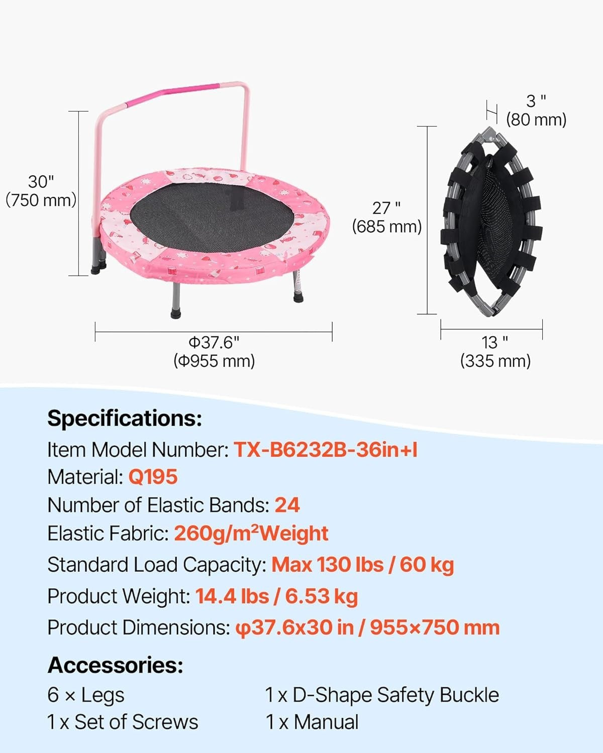 36'' Kids Mini Trampoline Foldable Quiet Rebounder Handle Indoor Outdoor