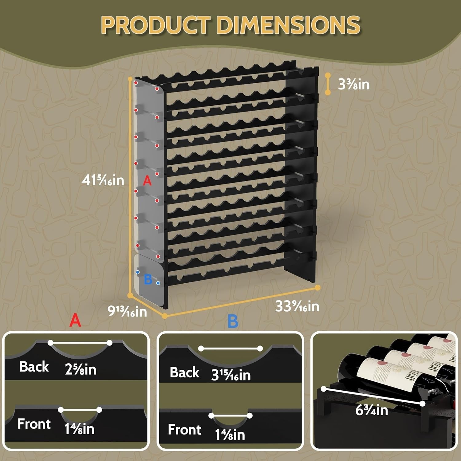 69 Bottle Wine Rack Floor Standing Black Bamboo 8-Tier Stackable Storage Shelf