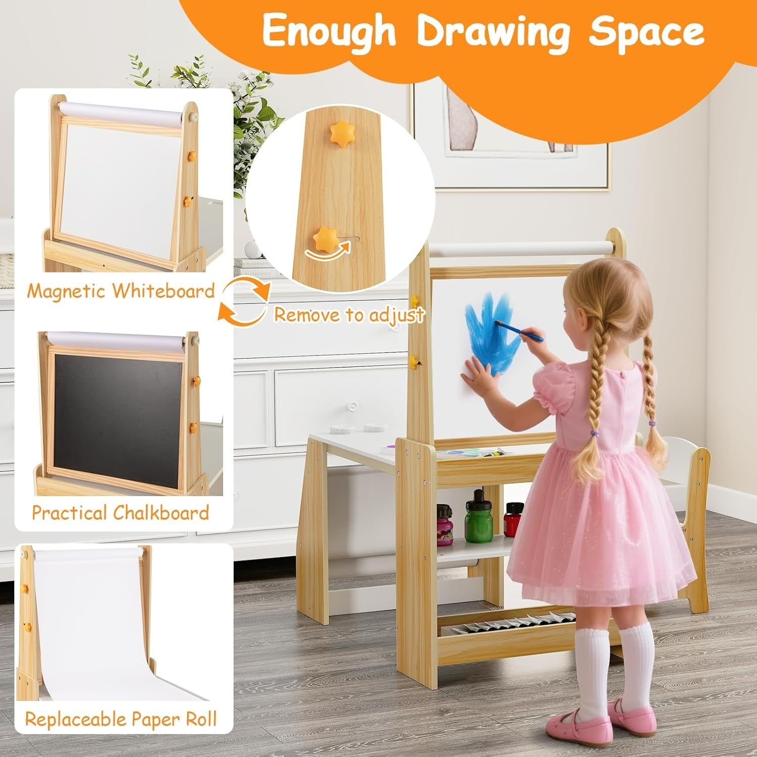 Kids Art Table & Chair Set with Double-Sided Easel, Paper Roll & Storage Shelves