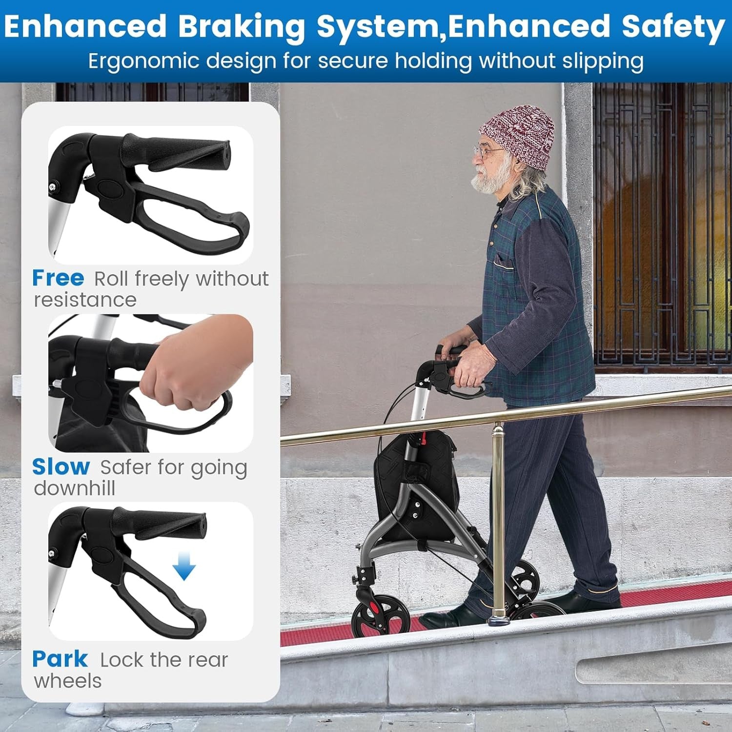 3 Wheel Folding Rollator Walker Lightweight Adjustable Mobility Aid