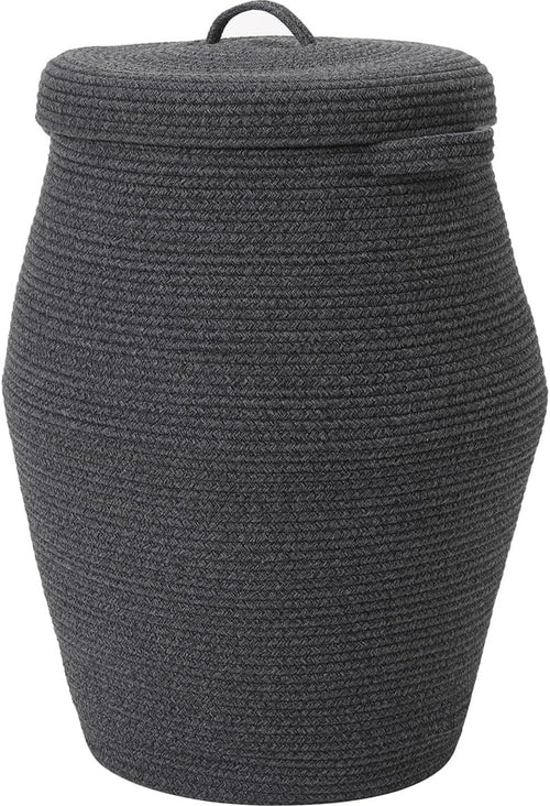 26" Tall Grey Black Cotton Rope Laundry Basket with Lid Large Woven Storage Bin