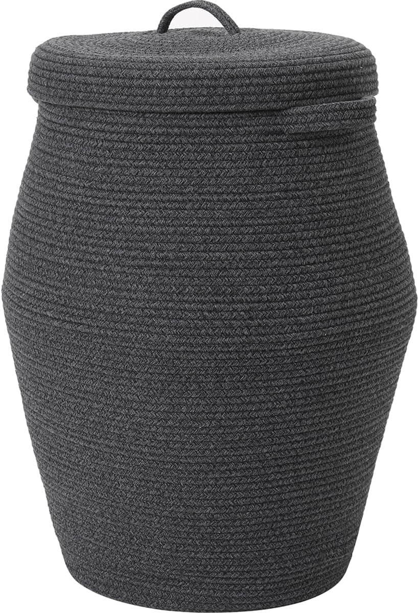 26" Tall Grey Black Cotton Rope Laundry Basket with Lid Large Woven Storage Bin