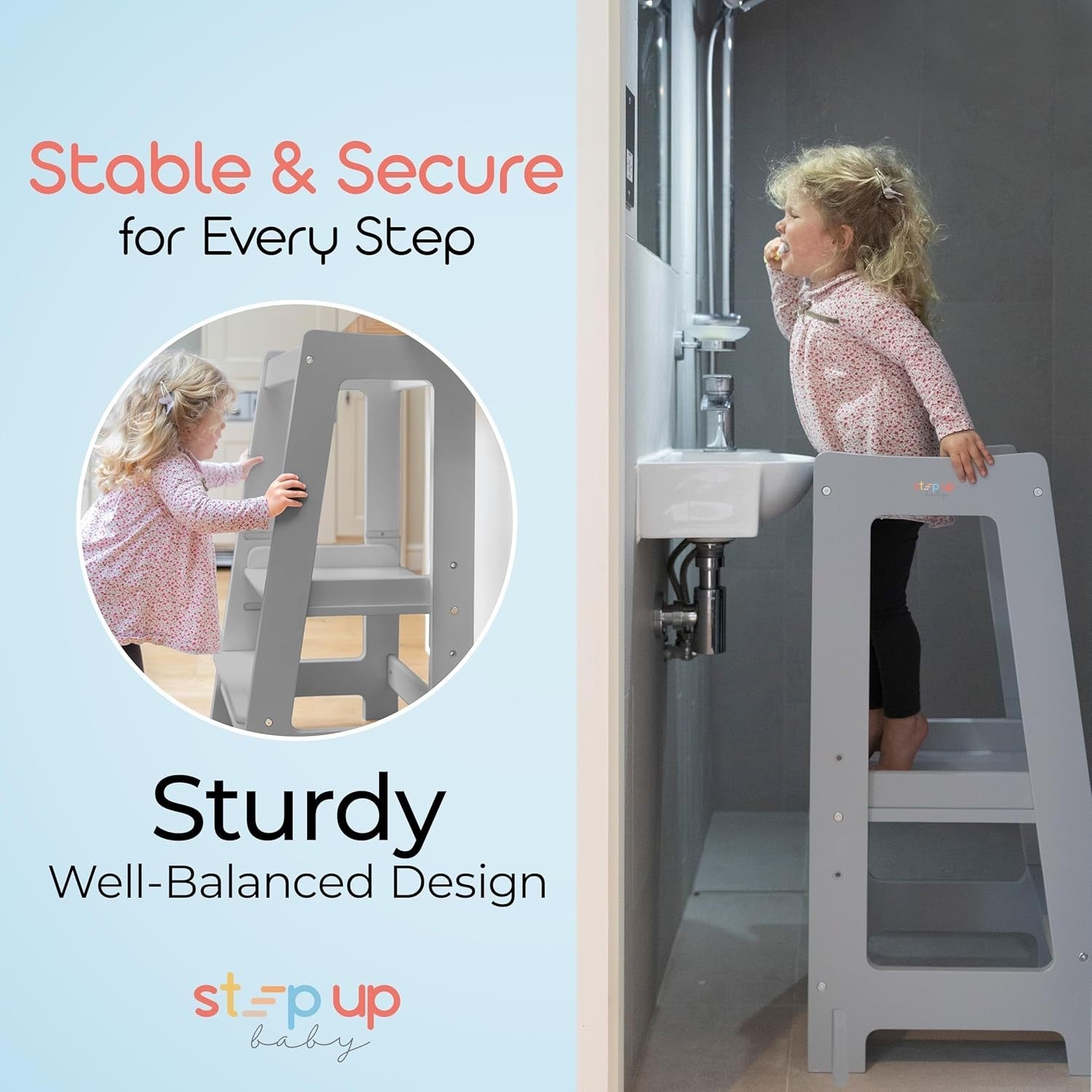 Adjustable Toddler Learning Tower with Safety Rail & Non-Slip Step, Grey