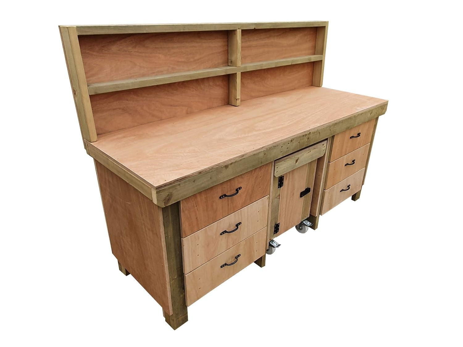 7ft Heavy Duty Wooden Workbench w/ Drawers, Lockable Cupboard & Back Panel