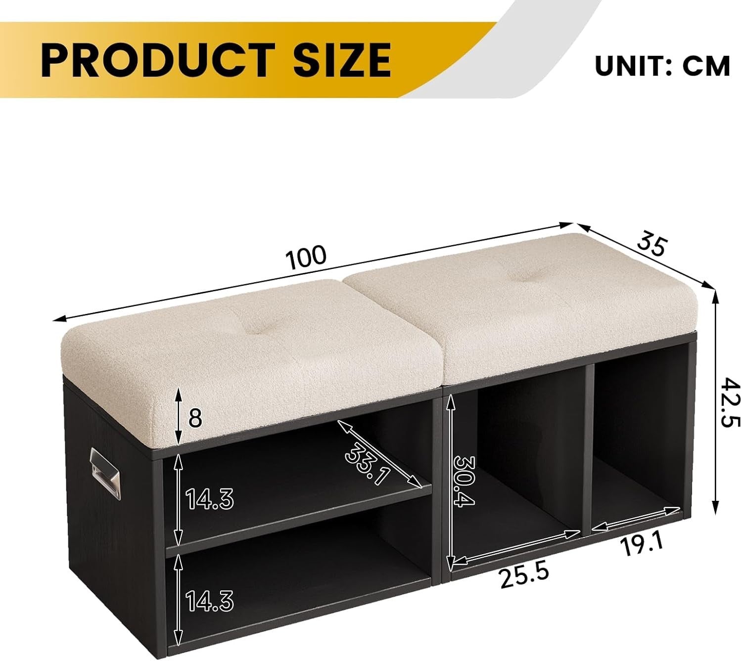2-Piece Shoe Bench Cushioned Seat 2-Tier Storage Rack with Handles Black 100cm