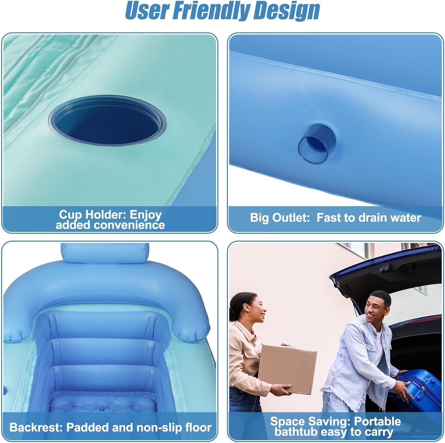 Inflatable Foldable Adult Bathtub 160x84x64cm with Electric Pump & Fast Drain
