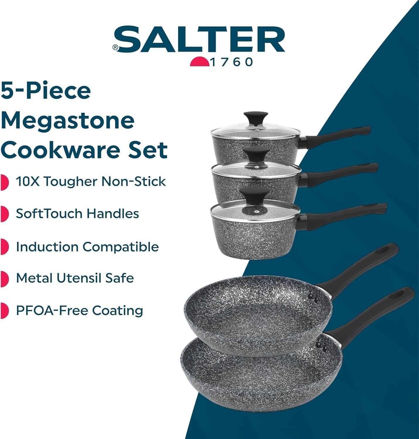 5 Pcs Granite Non Stick Pot & Pan Set with Tempered Glass Lid Induction Suitable