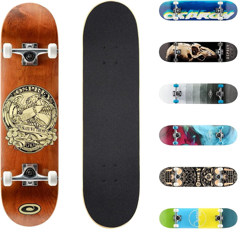 31" Double Kick Maple Skateboard, ABEC7 PU Wheels Grip Tape Trick Board