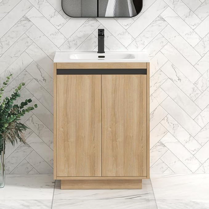 600mm Oak Floor Standing Vanity Unit with Basin Sink 2 Door Bathroom Cabinet