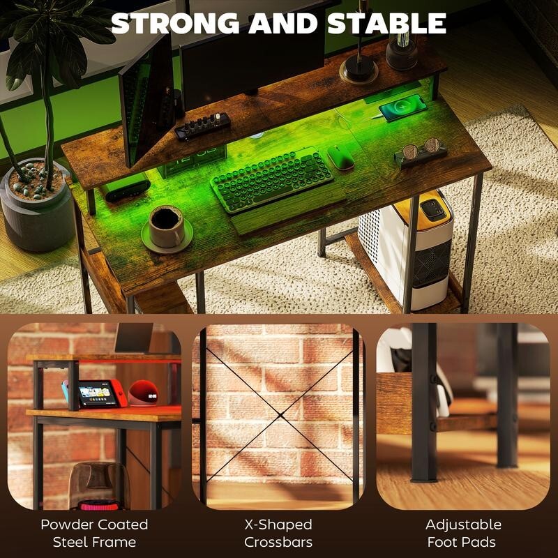 Gaming Desk 120cm w/ LED Lights, USB Charging, Monitor Stand, Shelves