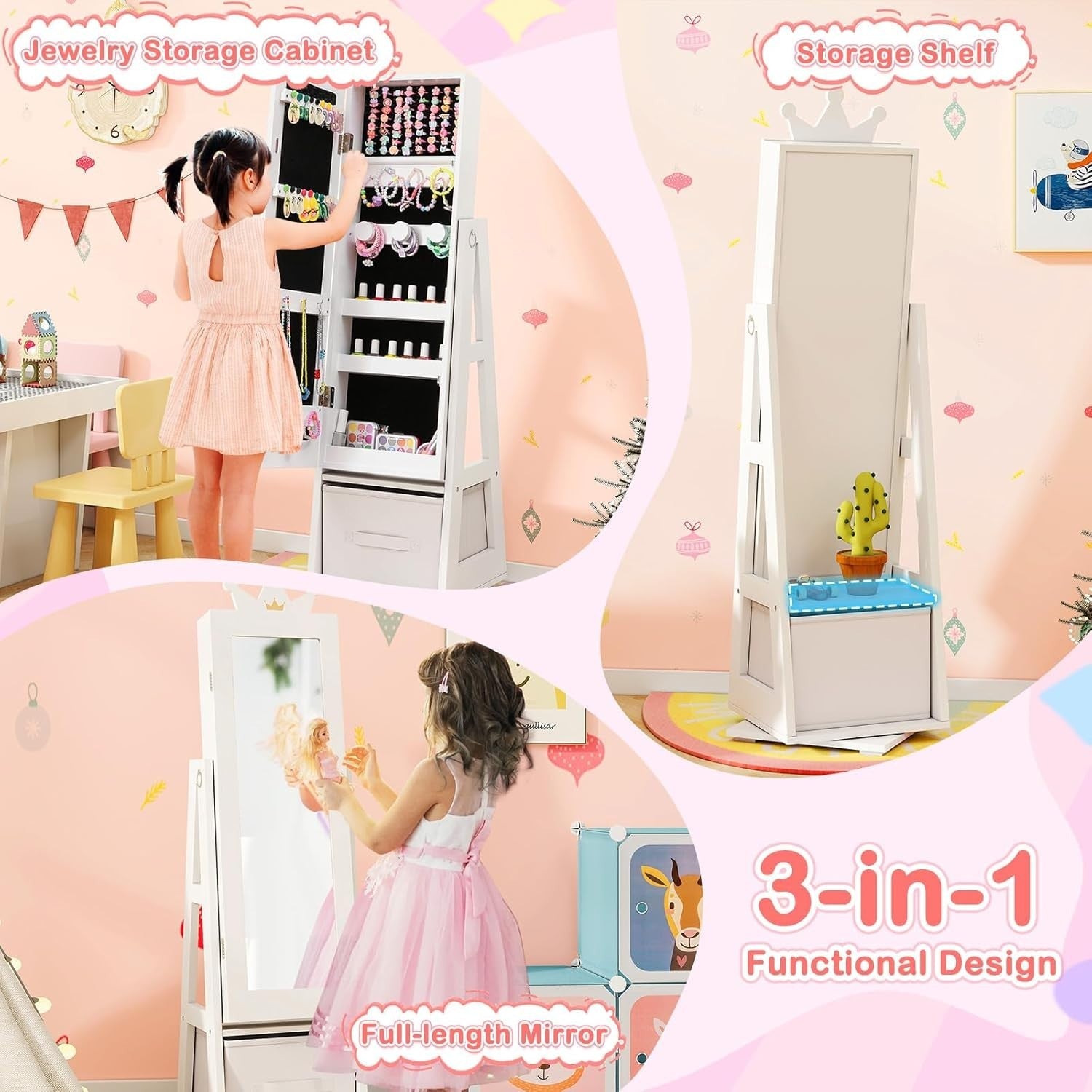 Kids Jewelry Cabinet 360° Swivel Mirror Organizer Girls Dress Up Vanity