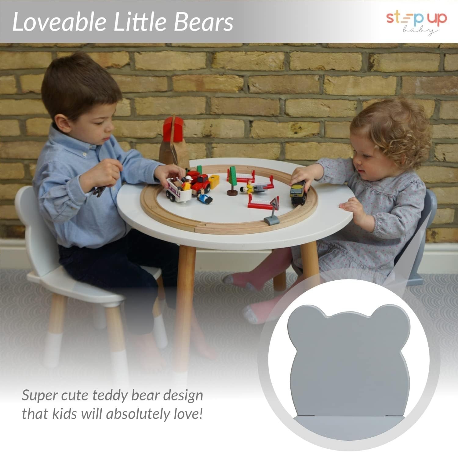 Kids Table and 2 Chairs Set Wooden Toddler Bear Shape Round Play Snack White