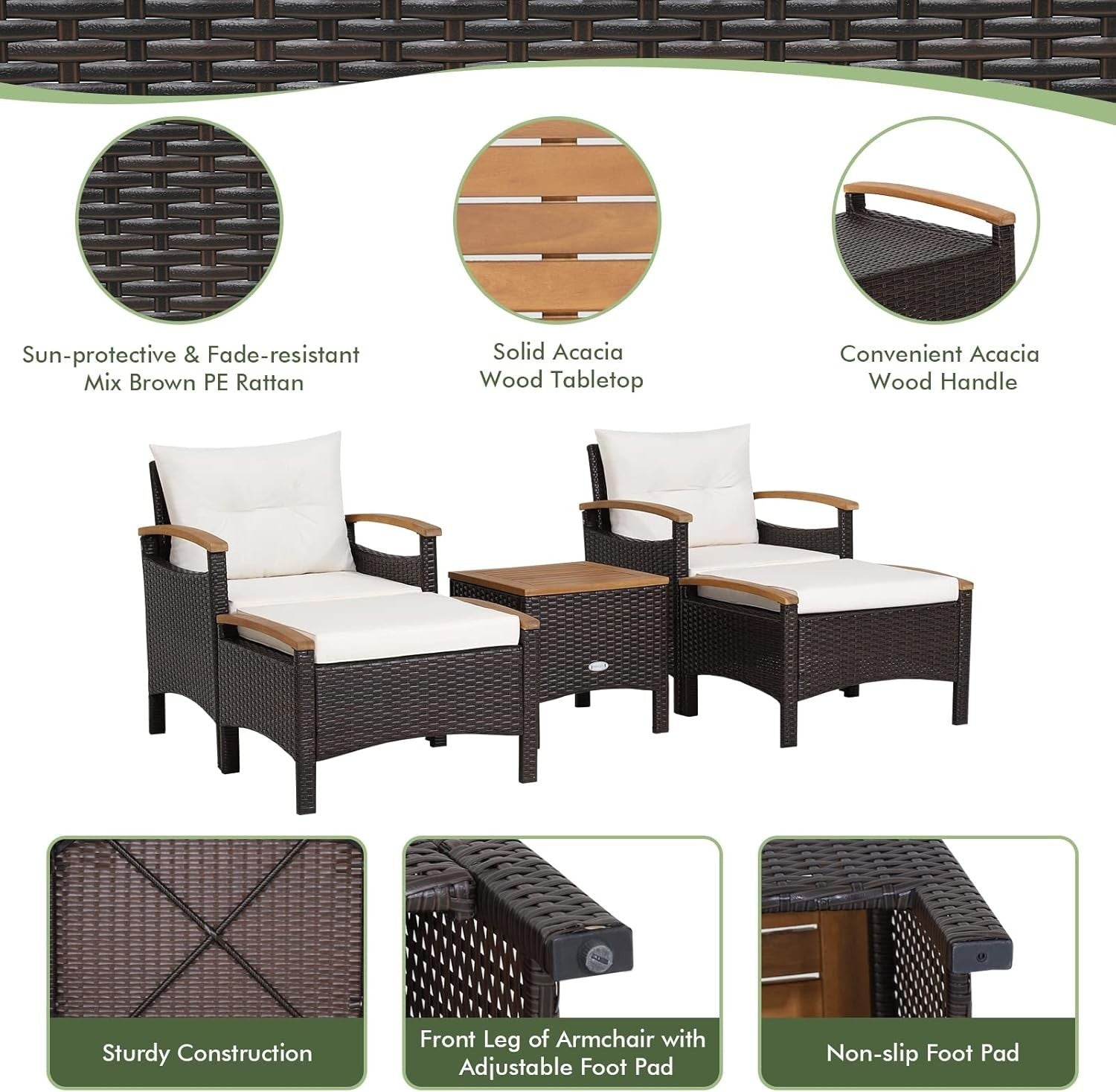 5PC Rattan Patio Furniture Set w/ Chairs Ottomans Table Cushions Garden