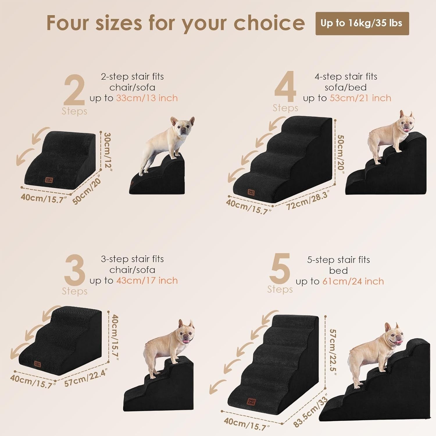 5 Step Dog Stairs for High Bed Non Slip Foam Pet Steps Washable Black