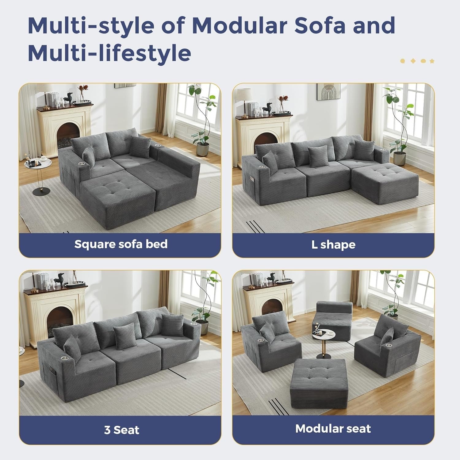 Grey L-Shape Modular Corner Sofa with Cup Holder Memory Foam Deep Seat