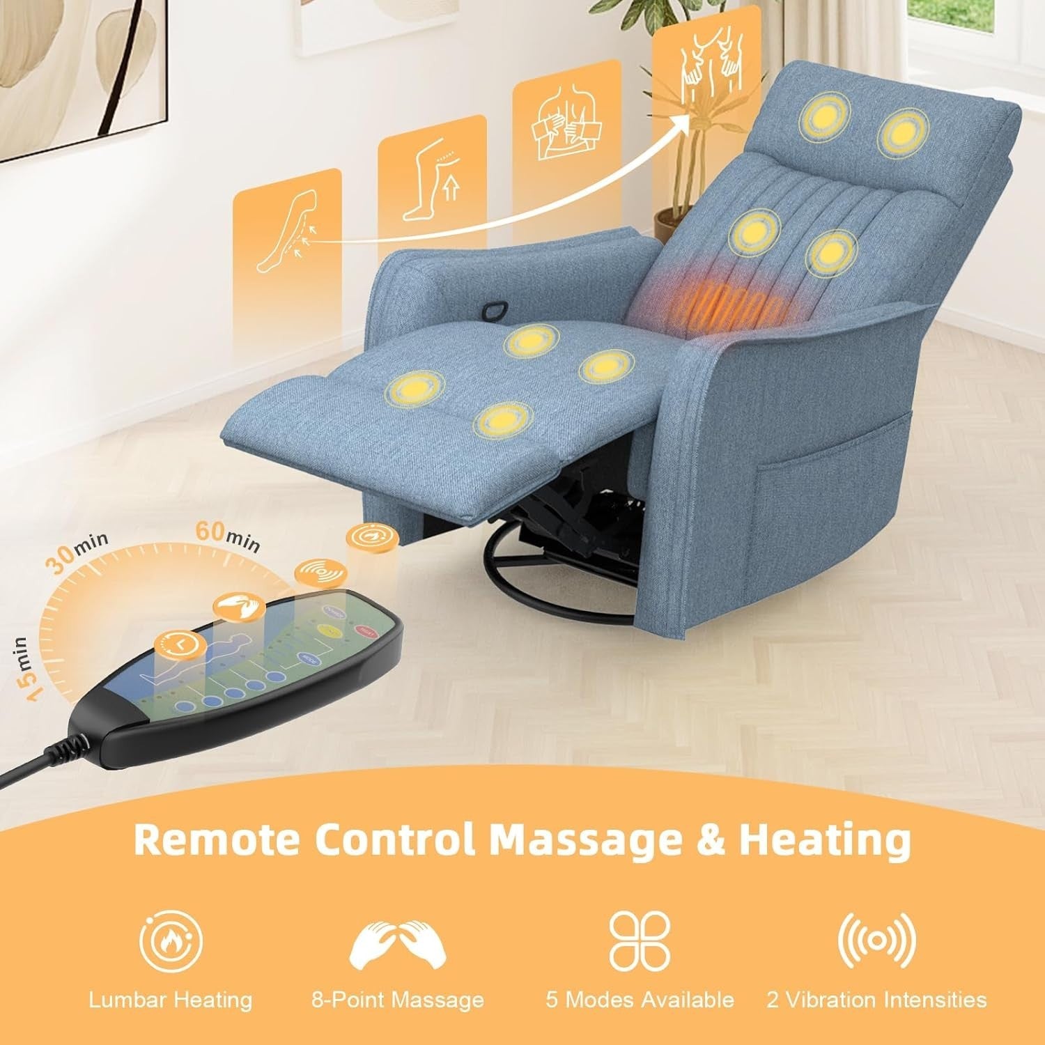 Swivel Rocking Recliner Chair Massage Heat 3-in-1 Footrest Dual Pockets Blue