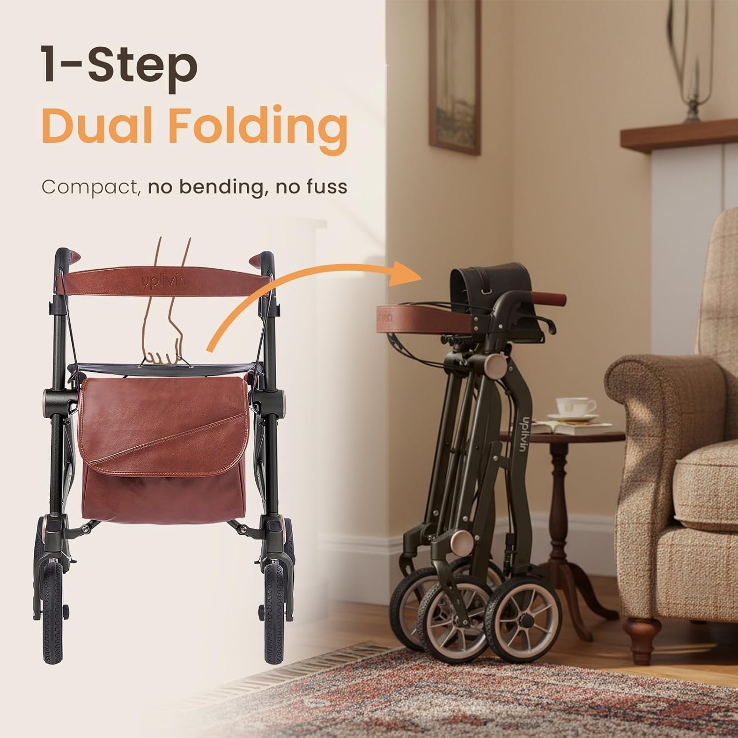 Luxury Lightweight Rollator Walker with Seat 4 Wheel Dual Folding Aluminium