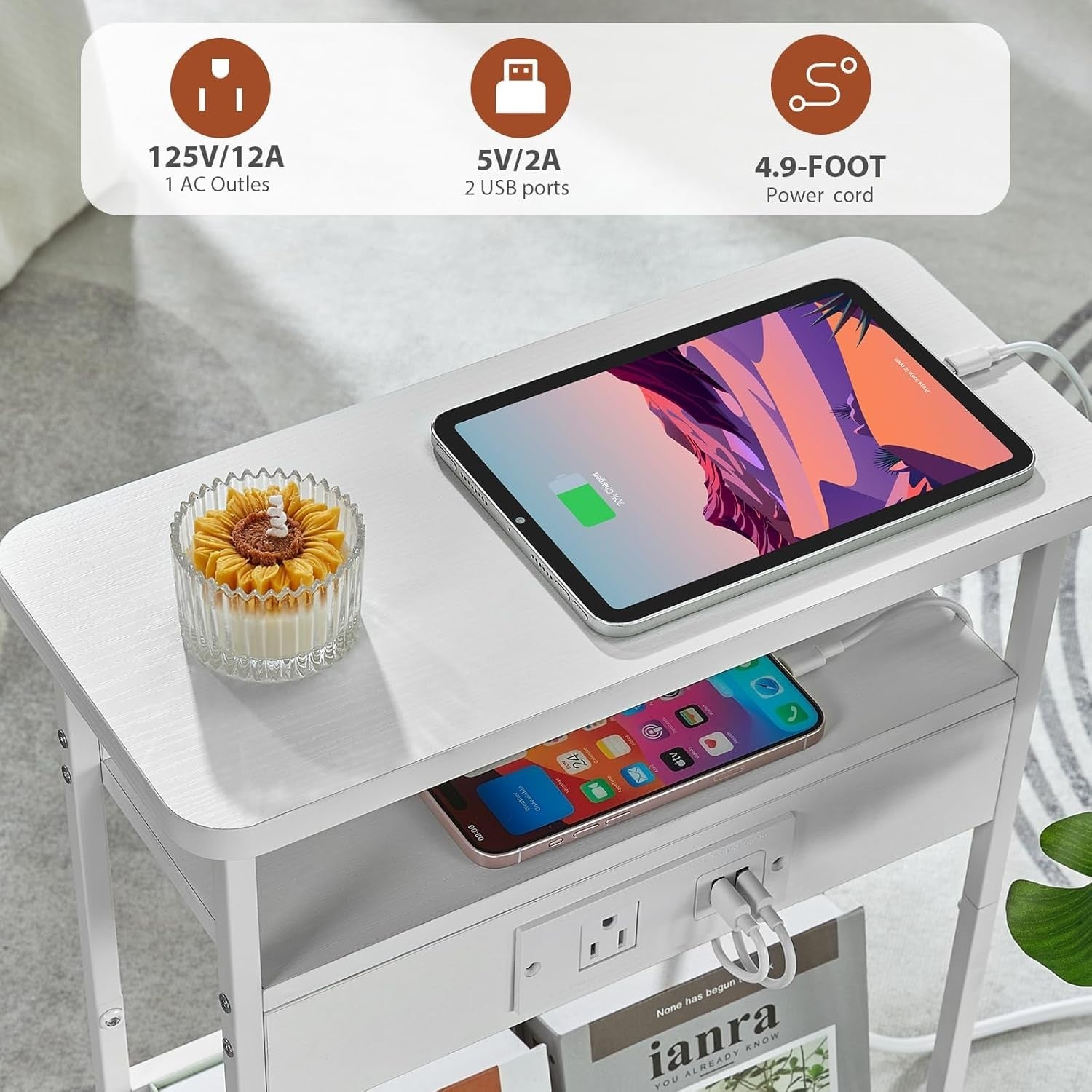 Slim White Side Table with USB Charging Ports – 3-Tier Small End Table