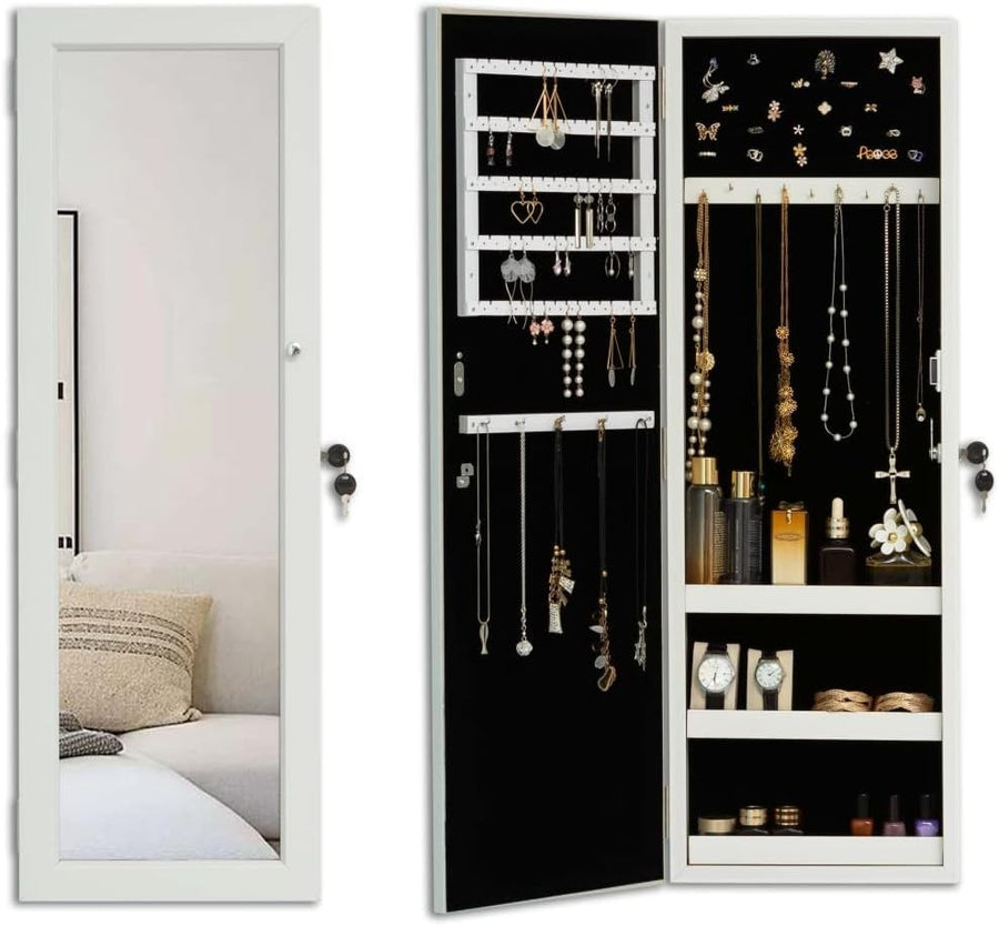 Wall Mounted Lockable Jewelry Armoire Mirror Large Storage Cabinet White