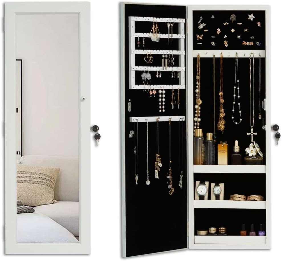 Wall Mounted Lockable Jewelry Armoire Mirror Large Storage Cabinet White