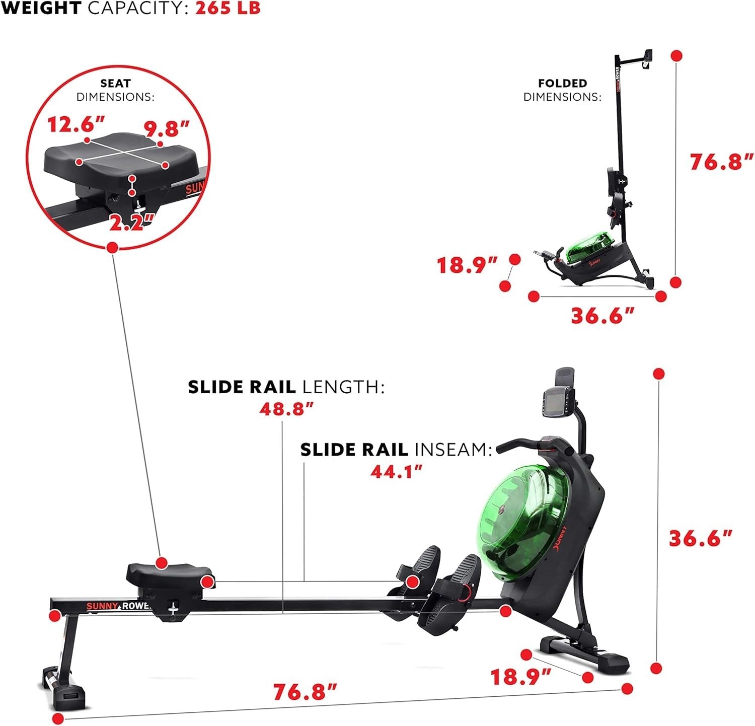 Dual Magnetic Water Rowing Machine Smart LCD App Long Rail Green Rower 120KG