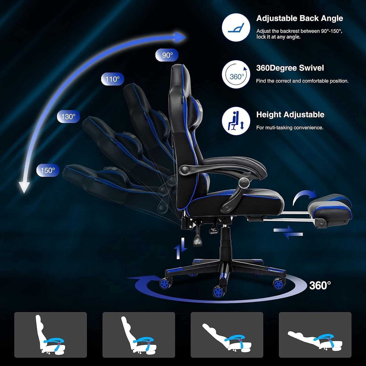 Racing Gaming Chair w/ Footrest Reclining PU Leather Black Blue