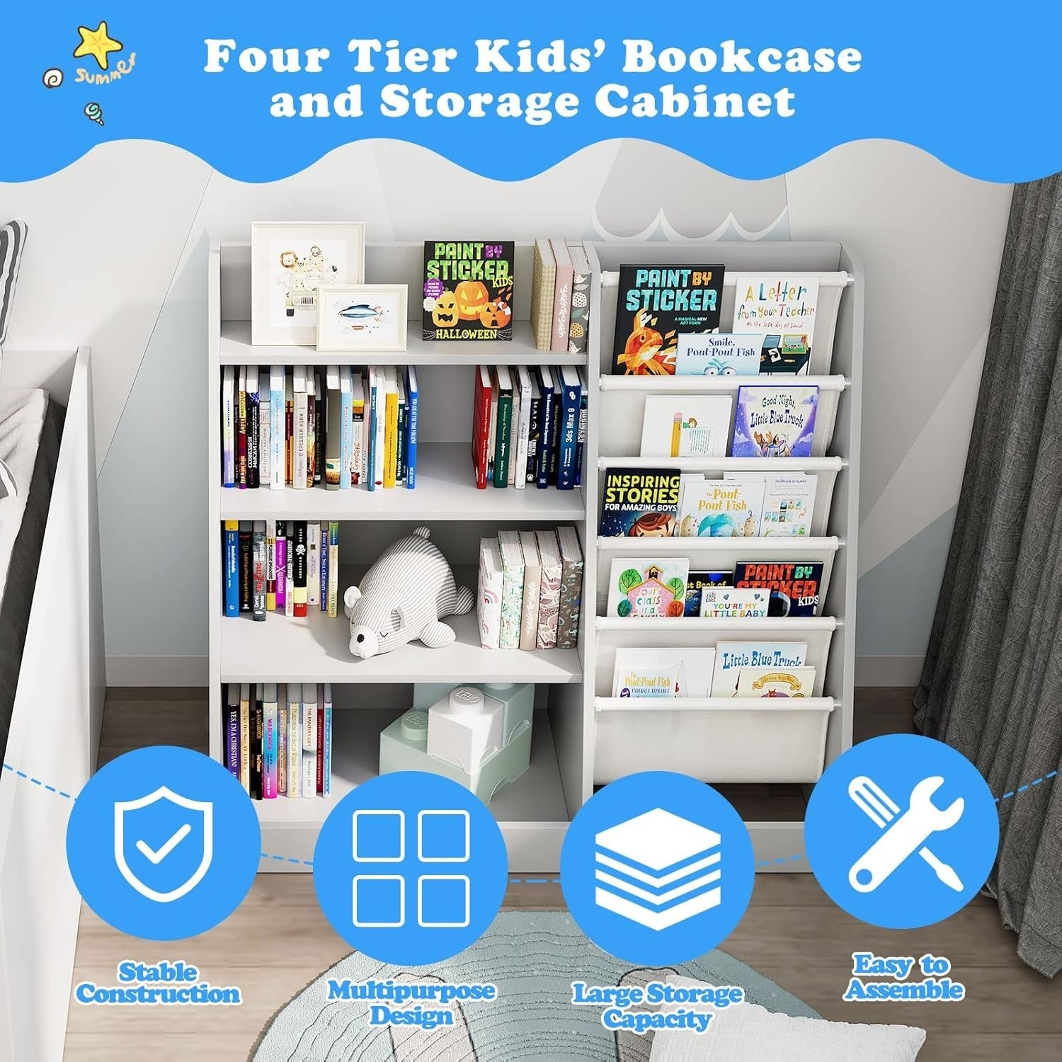 Kids Bookshelf 5 Tier Wooden Book Rack Toy Storage Organizer Grey